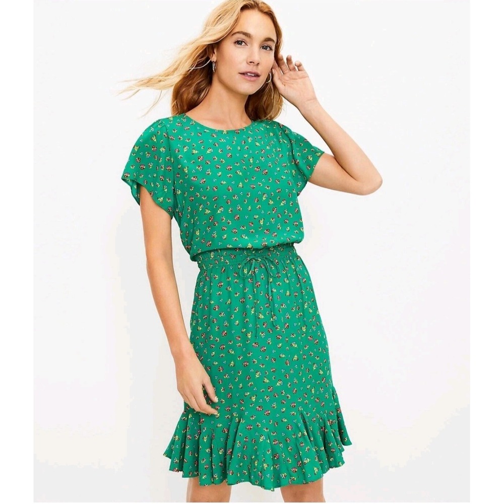 Loft Green Floral Godet Dress Cap Ruffle Pleated Drawstring Fit Flare Size Small